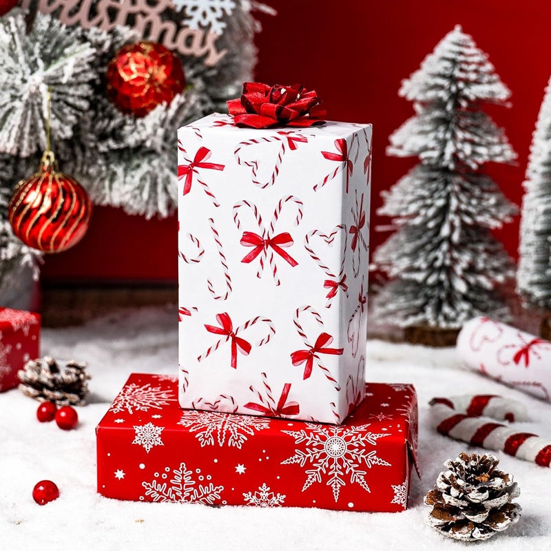 Retrify Christmas Wrapping Paper - Red White Candy Cane with Bow Snowflake Pattern Gift Wrap Paper for Holiday Shower Party Celebration - 17 Inch x 32.8 Feet Mini Roll - Image 5